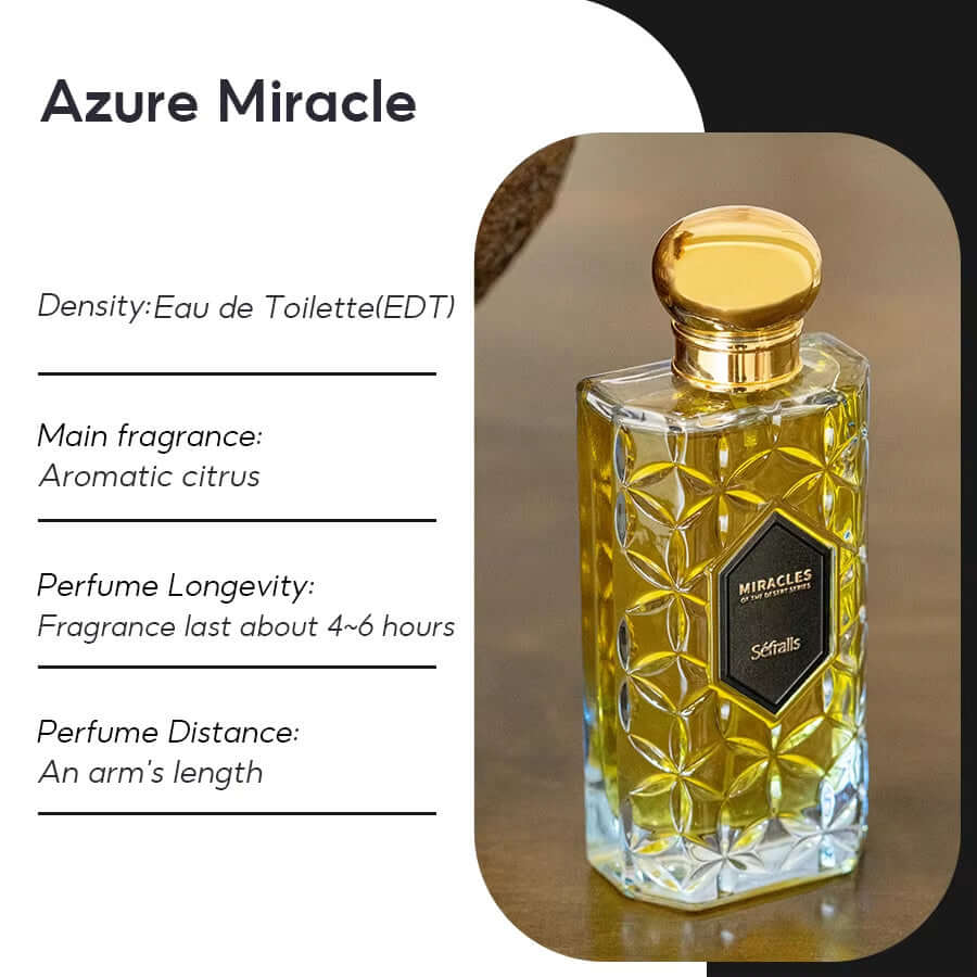 Sefralls Azure Miracle Eau de Toilette perfume bottle showcasing aromatic citrus scent and longevity details.